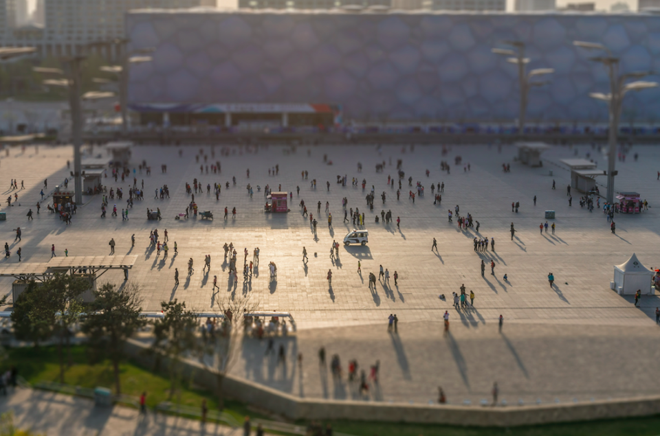 Miniature crowds mingle at the Olympic Park in Beijing, China.