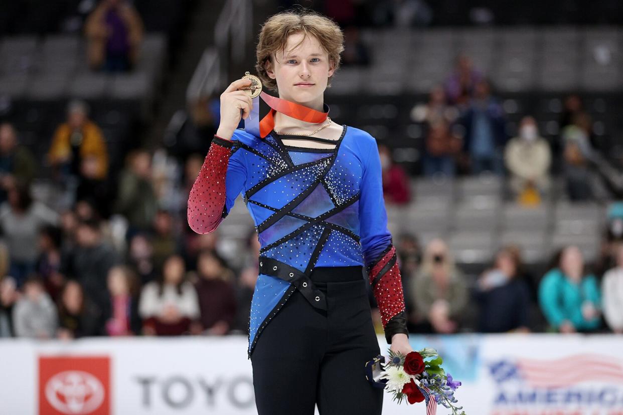 Ilia Malinin poses with his medal after winning the Championship Men's on day four of the 2023 TOYOTA U.S. Figure Skating Championships