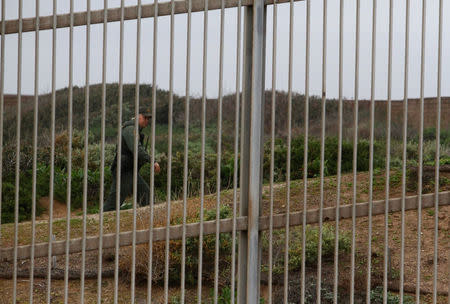 A U.S. Border Patrol agent is seen through the border fence between the United States and Mexico as photographed from Tijuana, Mexico February 11, 2017. REUTERS/Jorge Duenes