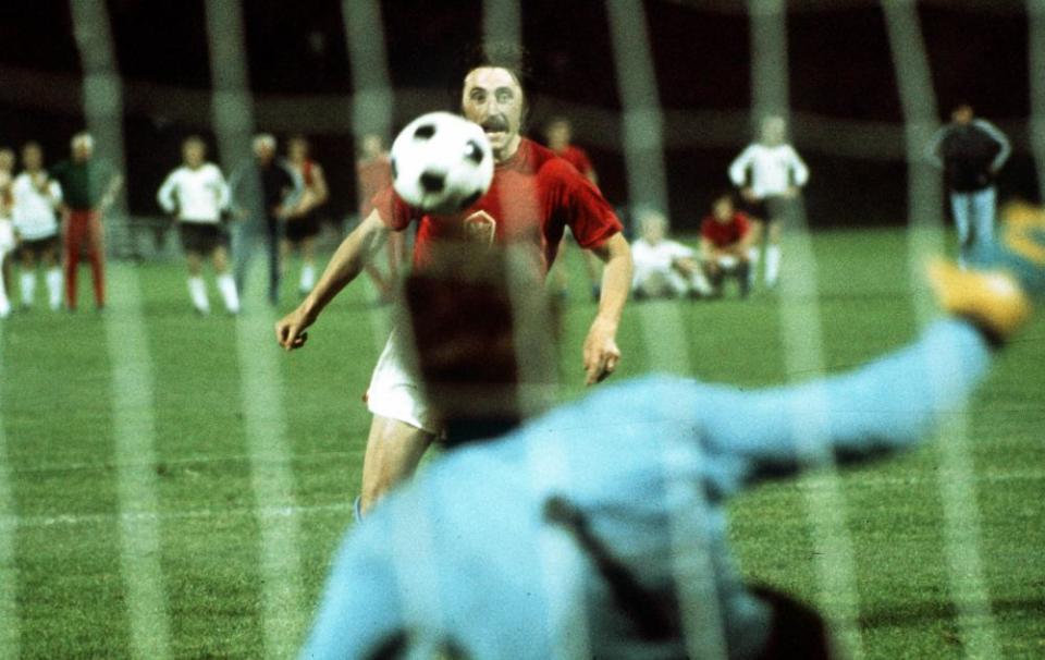 Antonin Panenka cooly chips the West Germany goalkeeper from the penalty spot to win the European Nations Championship for Czechoslovakia against Germany in 1976.