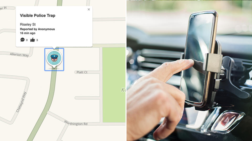 Photo shows a screenshot of the Waze app, with a "visible police trap" warning" and a photo of someone using their phone which is mounted.