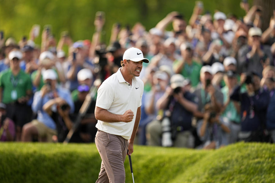 Brooks Koepka celebrates after winning the PGA Championship golf tournament at Oak Hill Country Club on Sunday, May 21, 2023, in Pittsford, N.Y. (AP Photo/Abbie Parr)