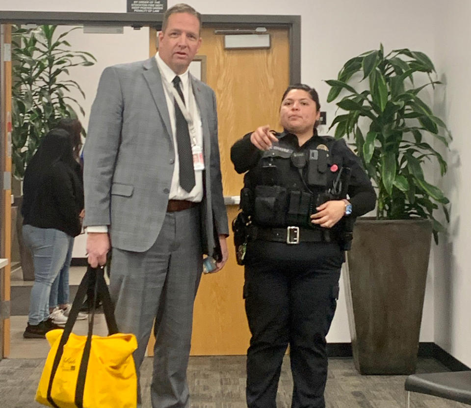 Troy Brown, superintendent of schools for the San Joaquin County Office of Education, entered the Stockton Unified School District’s headquarters to give his presentation on the findings of the fraud review. (Courtesy of Silvia Cantu)