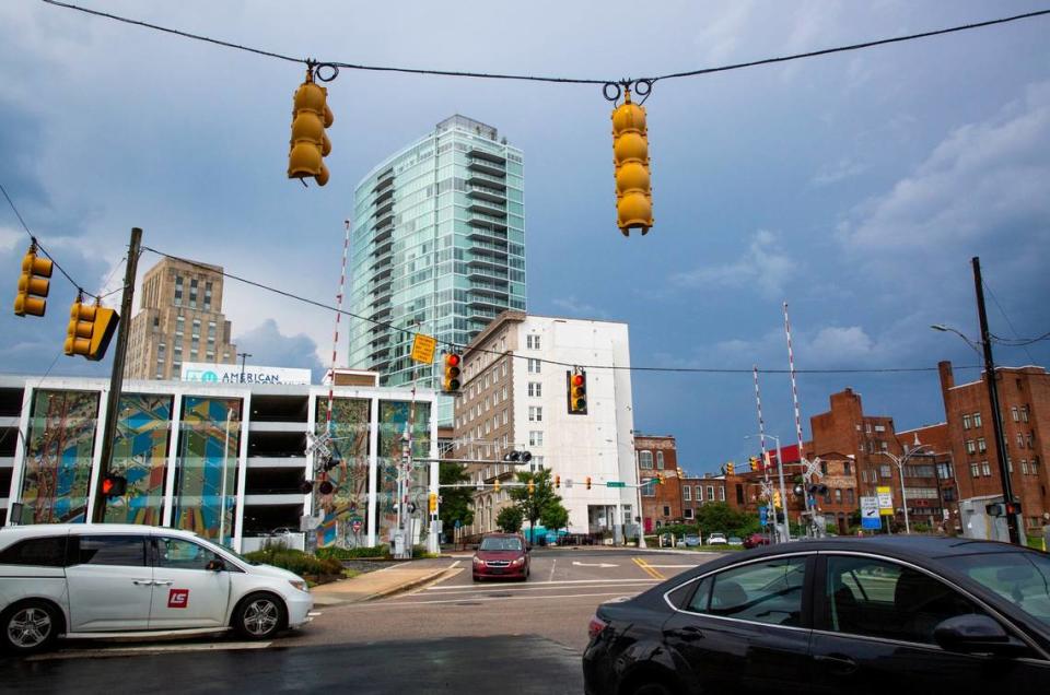 A summer storm rolls over downtown Durham, N.C., on Friday, July 9, 2021.