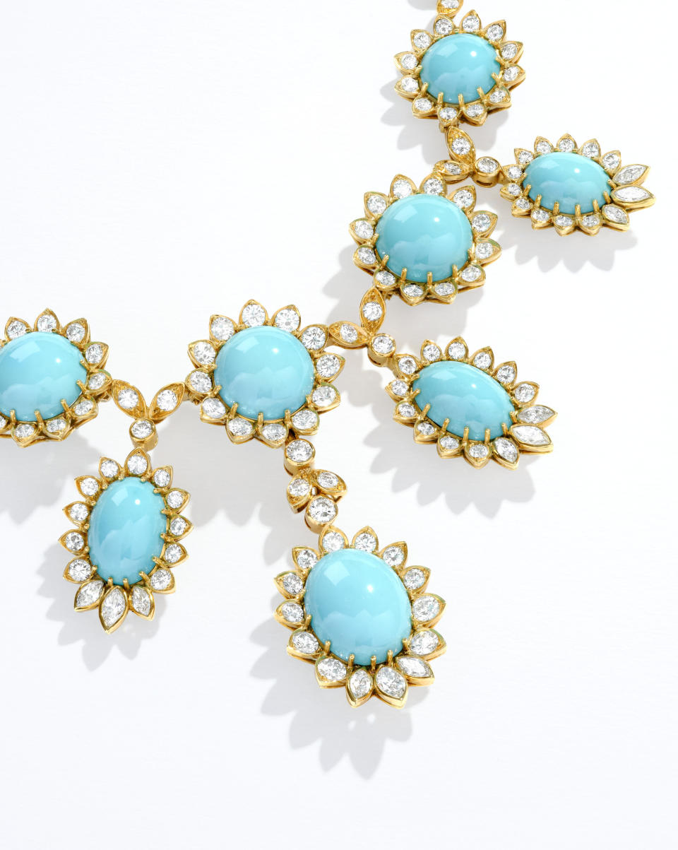 Necklace in yellow gold, turquoises and diamonds, 1971