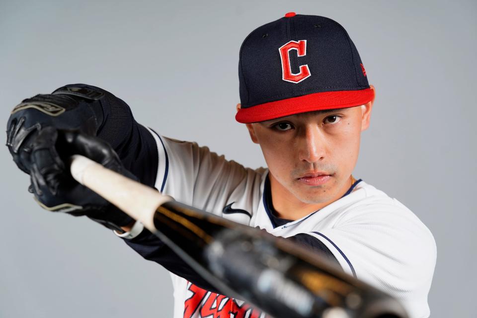 Cleveland Guardians baseball player Steven Kwan poses for a photograph during the Guardians photo day Tuesday, March 22, 2022, in Goodyear, Ariz.