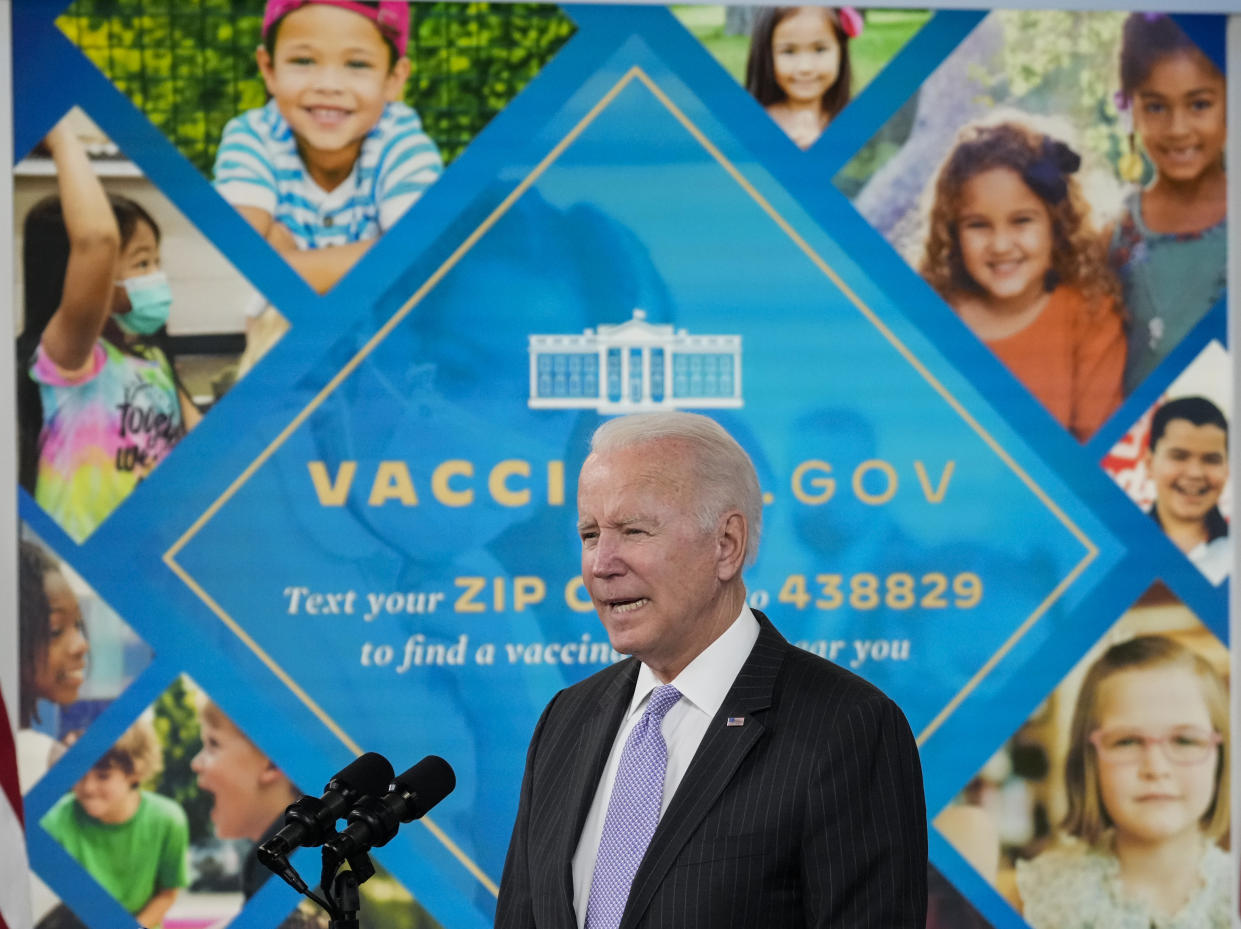 President Biden discusses the authorization of COVID-19 vaccines for children ages 5-11, at the White House campus earlier in November.