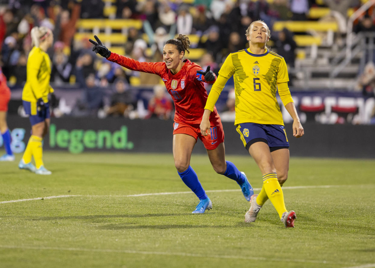 Carli Lloyd celebrates one of her two first-half goals for the USWNT against Sweden. (Jason Mowry/Icon Sportswire/Getty Images)