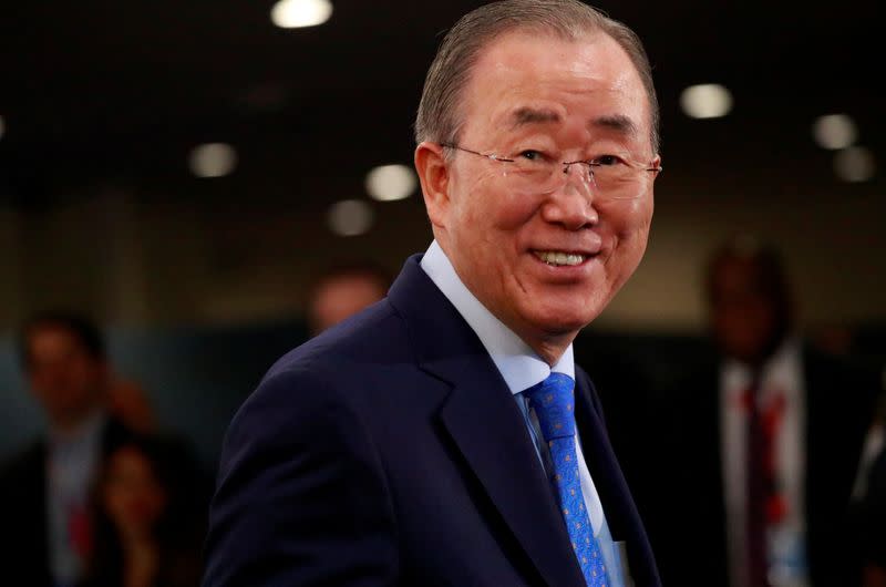 FILE PHOTO: Former United Nations Secretary General Ban Ki-moon arrives ahead of the start of the 74th session of the United Nations General Assembly at U.N. headquarters in New York City, New York, U.S.