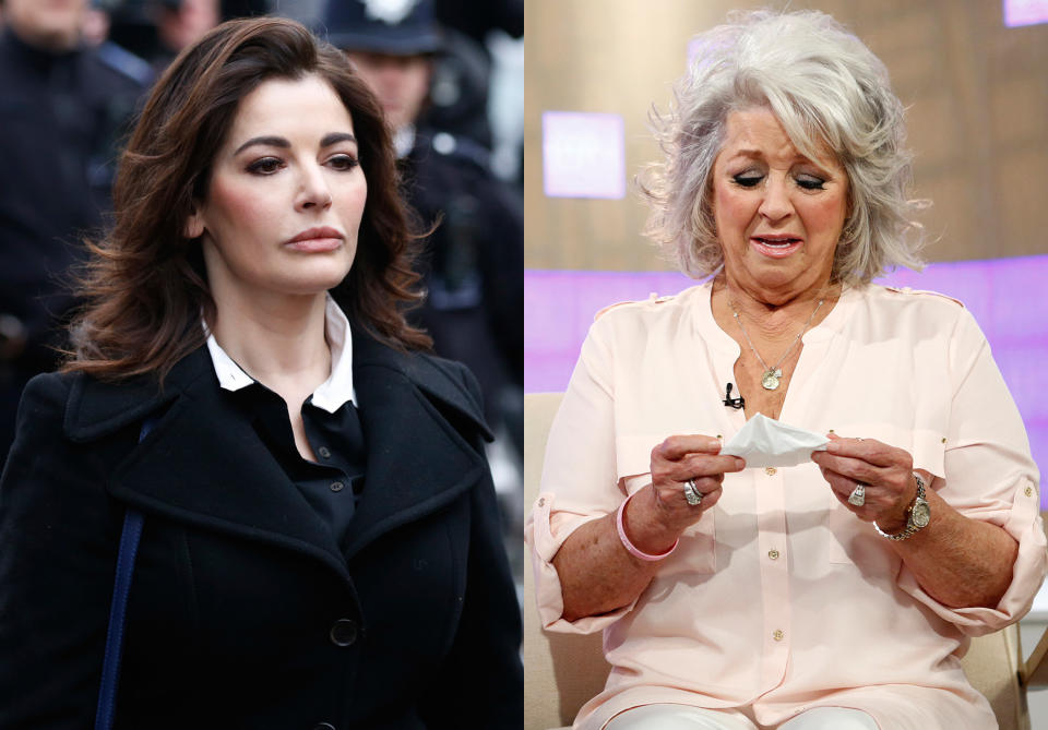 FILE - This combination of 2013 file photos shows chefs, Nigella Lawson as she arrives at Isleworth Crown Court in London, left, and Paula Deen crying on NBC News' "Today" show in New York. In 2013, both made unsavory admissions about their pasts after being accused of unsavory acts. Both found themselves at the center of a whirlwind of negative publicity and lawsuits. But while Deen's empire crumbled, Lawson has remained mostly unscathed. And the difference tells us much about the power of personal brand in 2013. (AP Photo/Sang Tan, NBC, Peter Kramer)