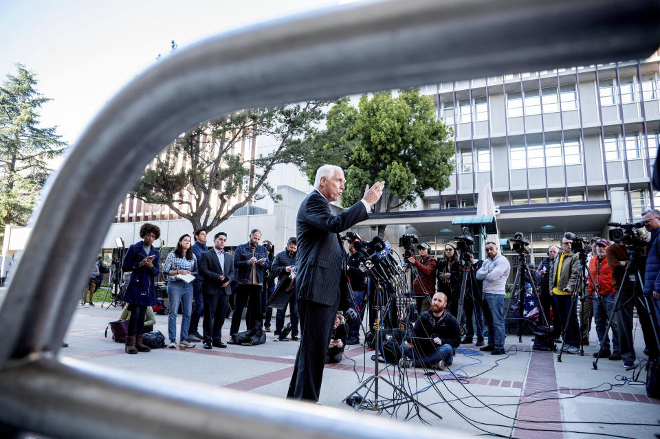 San Mateo County District Attorney Steve Wagstaffe speaks with reporters following Chunli Zhao's arraignment in Redwood City, Calif., on Wednesday, Jan. 25, 2023. Zhao, 66, faces seven counts of murder and one of attempted murder for shootings at two Northern California mushroom farms. (AP Photo/Noah Berger)