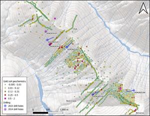 Figure 2: Dok ridge gold in soils with 2014 and 2023 drill hole collars. These data represent all the samples taken since the acquisition of the property in 2021.