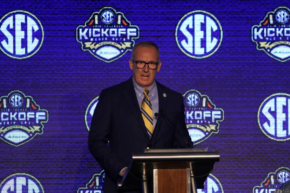 HOOVER, AL - JULY 15:  SEC Commissioner Greg Sankey addresses the media at the 2019 SEC Football Media Days on July 15, 2019 at The Wynfrey Hotel in Hoover, Alabama.  (Photo by Michael Wade/Icon Sportswire via Getty Images)