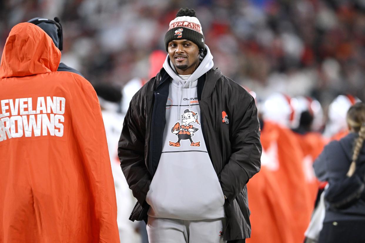 CLEVELAND, OHIO - DECEMBER 28: Deshaun Watson of the Cleveland Browns is seen on the sidelines in the second half against the New York Jets at Cleveland Browns Stadium on December 28, 2023 in Cleveland, Ohio. (Photo by Nick Cammett/Getty Images)