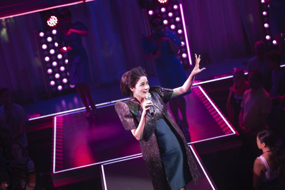 This image released by Boneau/Bryan-Brown shows Arielle Jacobs as Imelda Marcos during a performance of "Here Lies Love," opening July 20 at the Broadway Theatre in New York. (Boneau/Bryan-Brown via AP)