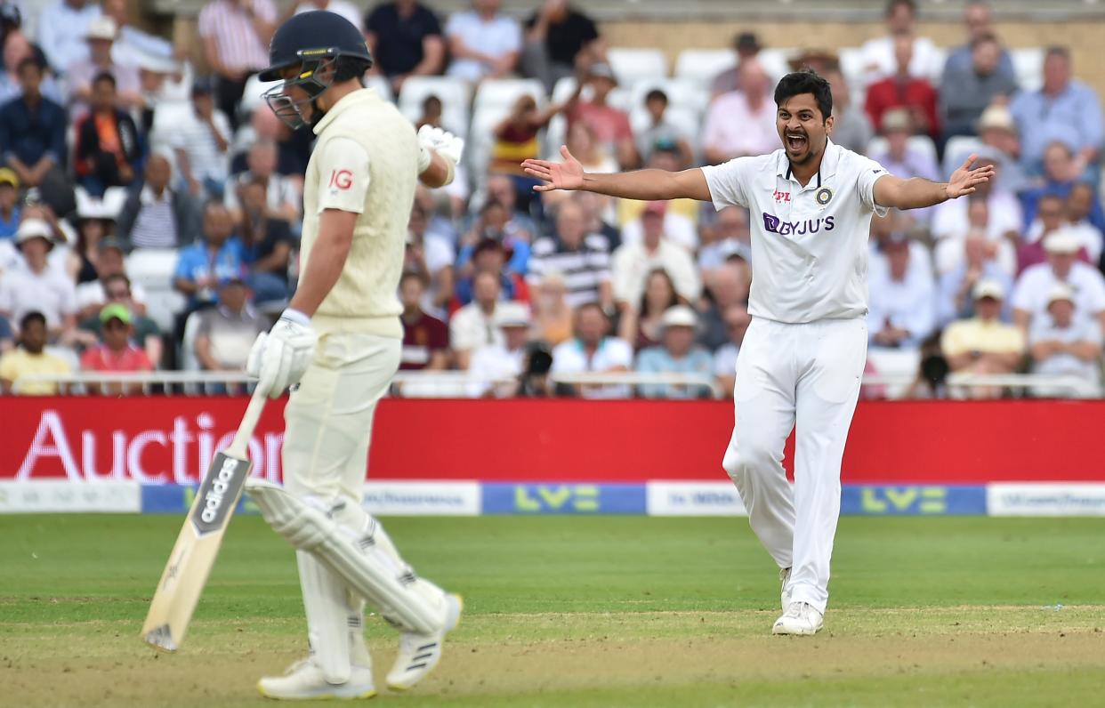 Joe Root is dismissed at Trent Bridge by Shardul Thakur (AP)