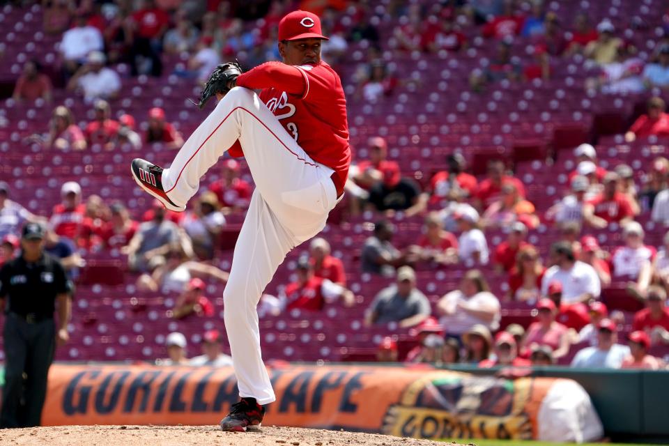 Cincinnati Reds relief pitcher Alexis Diaz (43) delivers a pitch during the seventh inning of a baseball game against the Miami Marlins, Thursday, July 28, 2022, at Great American Ball Park in Cincinnati. 