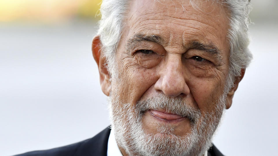 Opera tenor Placido Domingo arrives on the red carpet prior to the Austria's Music Prize award ceremony at the airport in Salzburg, Austria, Thursday, Aug. 6, 2020. The famed tenor will receive a lifetime achievement award at the event. (AP Photo/Kerstin Joensson)