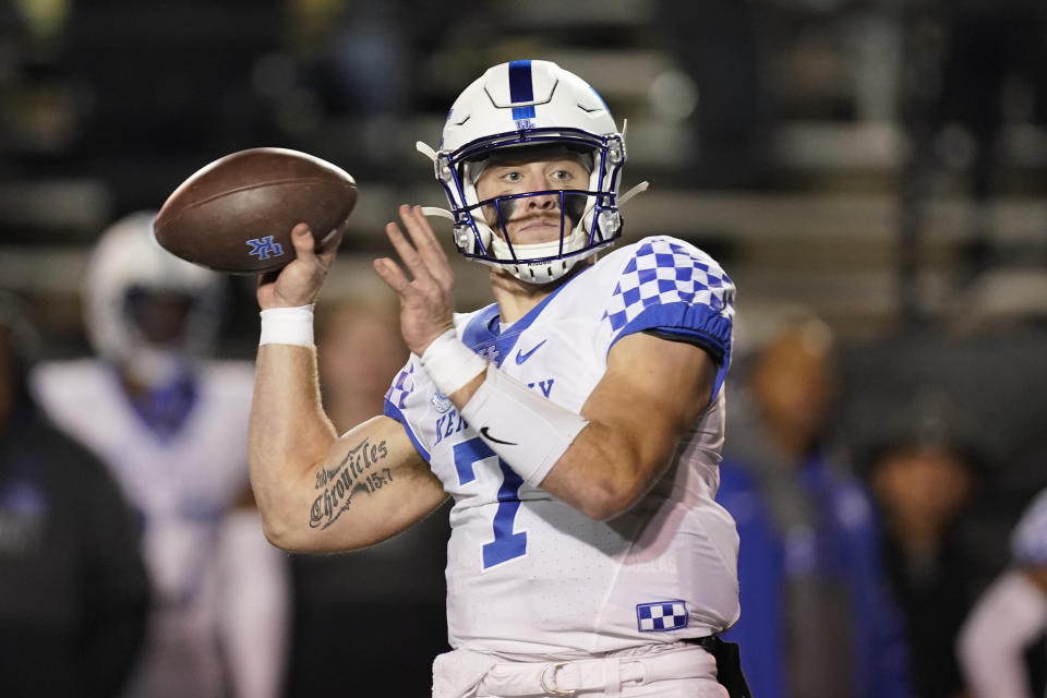 FILE - Kentucky quarterback Will Levis passes against Vanderbilt in the first half of an NCAA college football game Saturday, Nov. 13, 2021, in Nashville, Tenn. Miami (Ohio) plays against Kentucky on Saturday, Sept. 3, 2022. (AP Photo/Mark Humphrey, File)
