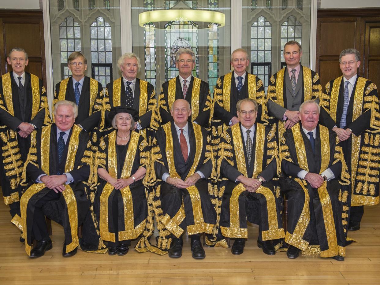 The eleven justices of the Supreme Court who heard the Government's Article 50 appeal, with Lord Toulson (top left) who retired last summer: Supreme Court