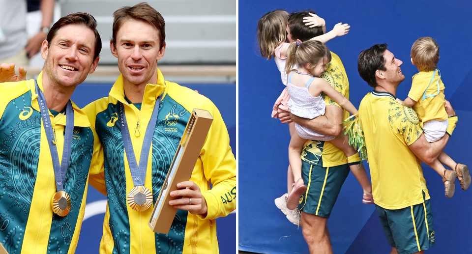 Aussie doubles gold medallists John Peers and Matt Ebden are greeted by their families after their epic win at the Olympics. Pic: Getty