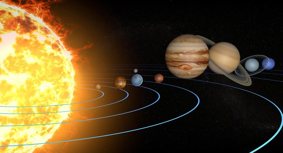 Solar system planets, diameter ratio, quantities, sizes and orbits. Elements of this image are furnished by NASA. 3d rendering