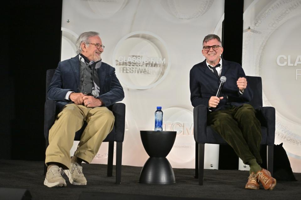 HOLLYWOOD, CALIFORNIA - APRIL 13: (L-R) Steven Spielberg and Paul Thomas Anderson speak onstage during the opening night gala and world premiere of the 4k restoration of "Rio Bravo" during the 2023 TCM Classic Film Festival at TCL Chinese Theatre on April 13, 2023 in Hollywood, California. (Photo by Charley Gallay/Getty Images for TCM)