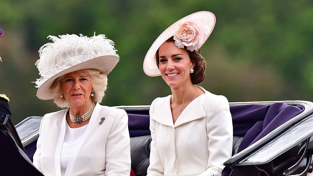 london, england june 11 camilla, duchess of cornwall and catherine, duchess of cambridge leave buckingham palace during the trooping the colour, this year marking the queens 90th birthday at the mall on june 11, 2016 in london, england the ceremony is queen elizabeth iis annual birthday parade and dates back to the time of charles ii in the 17th century when the colours of a regiment were used as a rallying point in battle photo by james devaneygetty images