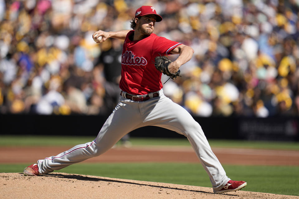 Philadelphia Phillies starting pitcher Aaron Nola throws against the San Diego Padres during the first inning in Game 2 of the baseball NL Championship Series between the San Diego Padres and the Philadelphia Phillies on Wednesday, Oct. 19, 2022, in San Diego. (AP Photo/Gregory Bull)