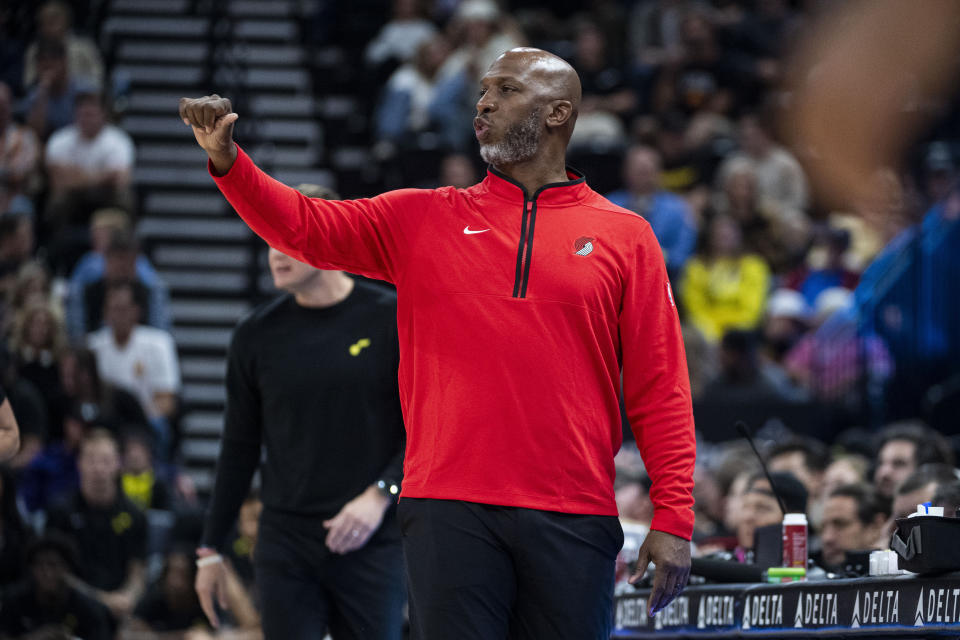 Portland Trail Blazers head coach Chauncey Billups calls out to his players during the first half of an NBA preseason basketball game against Utah Jazz, Saturday, Oct. 14, 2023, in Salt Lake City. (AP Photo/Isaac Hale)