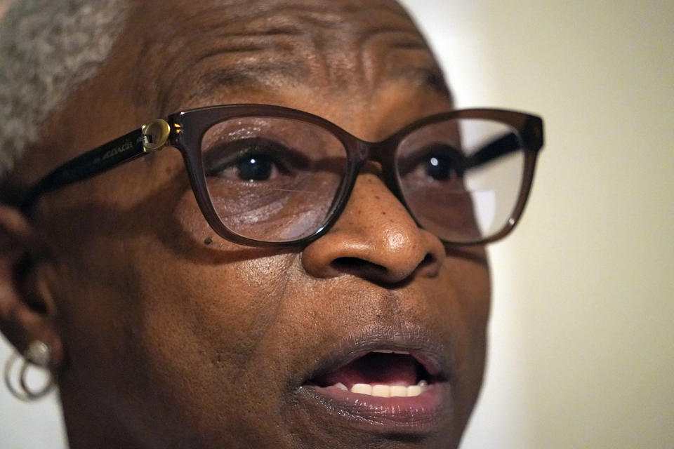 Doris Brown answers a question during an interview inside her home Friday, July 31, 2020, in Houston. Brown's home flooded during Harvey and she's part of a group called the Harvey Forgotten Survivors Caucus. (AP Photo/David J. Phillip)