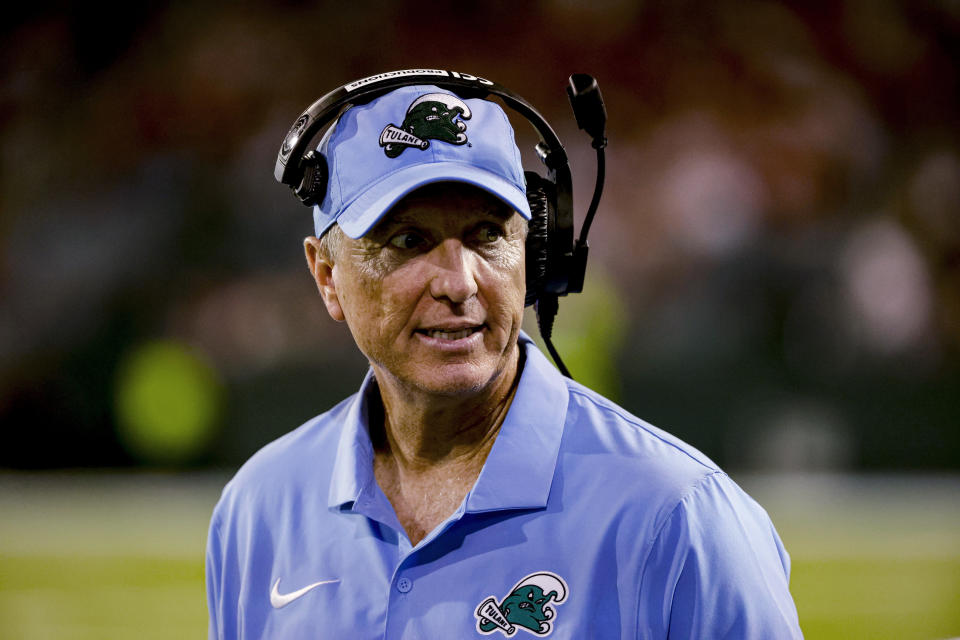 Tulane coach Willie Fritz watches during the second half of the team's NCAA college football game against South Alabama in New Orleans, Saturday, Sept. 2, 2023. (AP Photo/Derick Hingle)