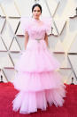 <p>The “Space Cowboy” singer and Oscar presenter turned heads in a ruffled pink gown by Giambattista Valli. <em>[Photo: Getty]</em> </p>