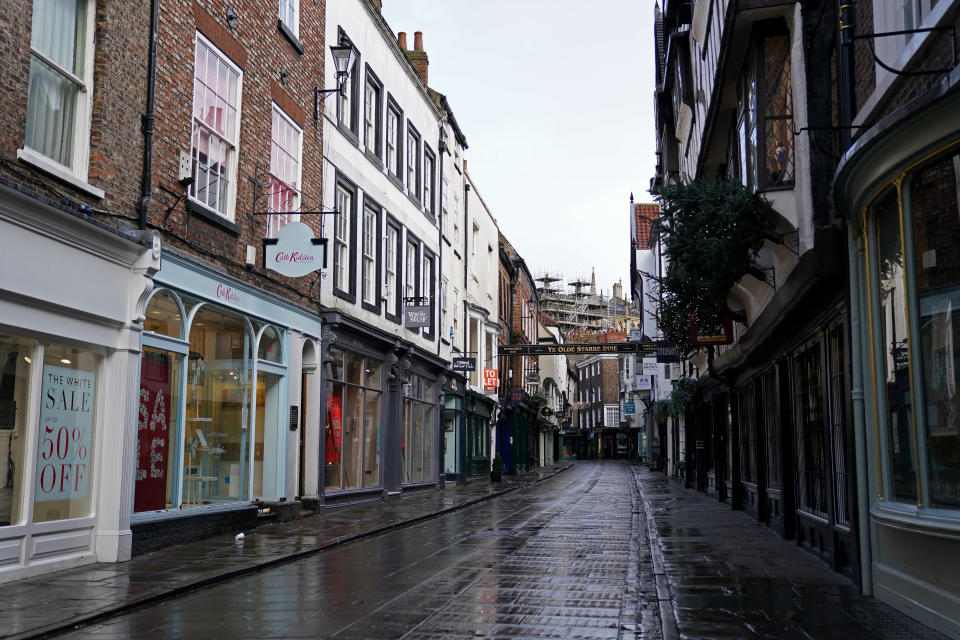 An usually busy street is seen empty in York City Centre. More than three quarters of England's population is being ordered to stay at home to stop the spread of coronavirus. (Photo by Zac Goodwin/PA Images via Getty Images)