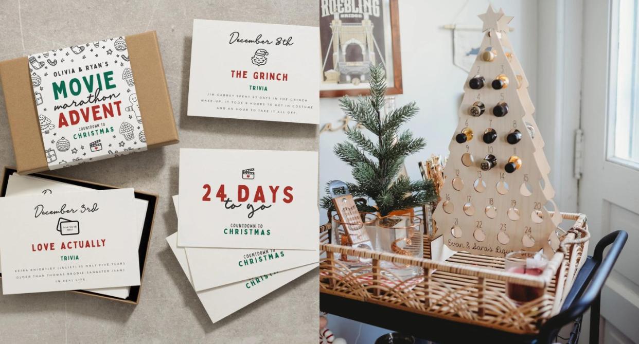 a movie advent calendar box of cards and a liquor advent calendar filled with bottles