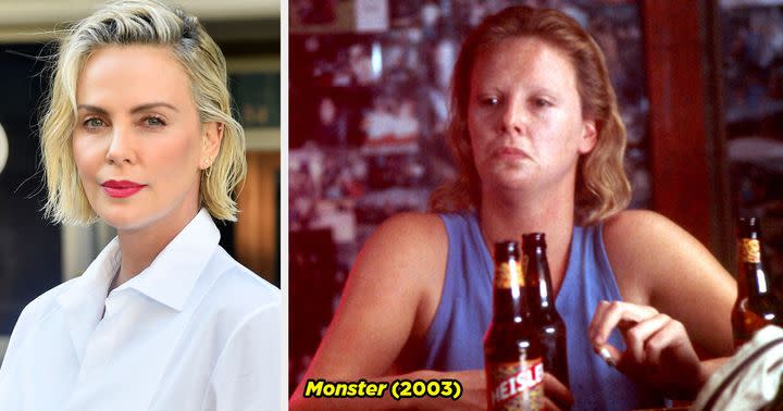 Charlize Theron wore dentures, shaved off her eyebrows, had her hair thinned out and fried repeatedly, and gained 30 pounds to play serial killer Aileen Wuornos in Monster.