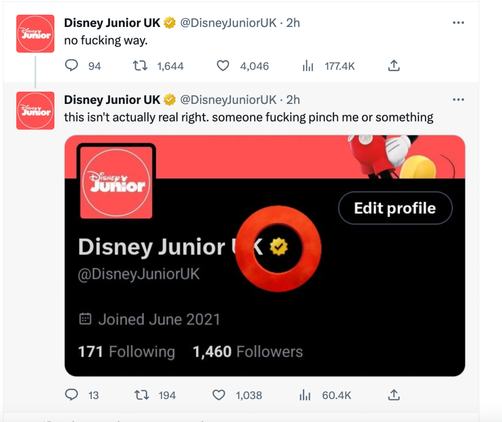 A screenshot of the wrongly-verified @DisneyJuniorUK parody account before it was suspended.