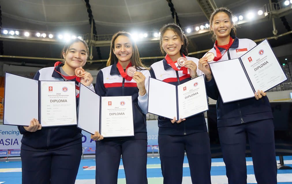 Singapore's national women's foil fencing team of (from left) Maxine Wong, Amita Berthier, Denyse Chan and Cheung Kemei at the Asian Fencing Championships. (PHOTO: Fencing Singapore/Facebook)