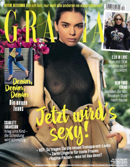 Eigentlich ist Kendall Jenner ja vollständig bekleidet, samt Fellmantel und hochaufgeschlossenem Kragen. Doch die Titelstory der neuen “Grazia” handelt schließlich von Transparent-Looks - und viel mehr könnte Jenner selbst bei vollkommen nacktem Oberkörper kaum zeigen. (Foto: Instagram/Grazia)