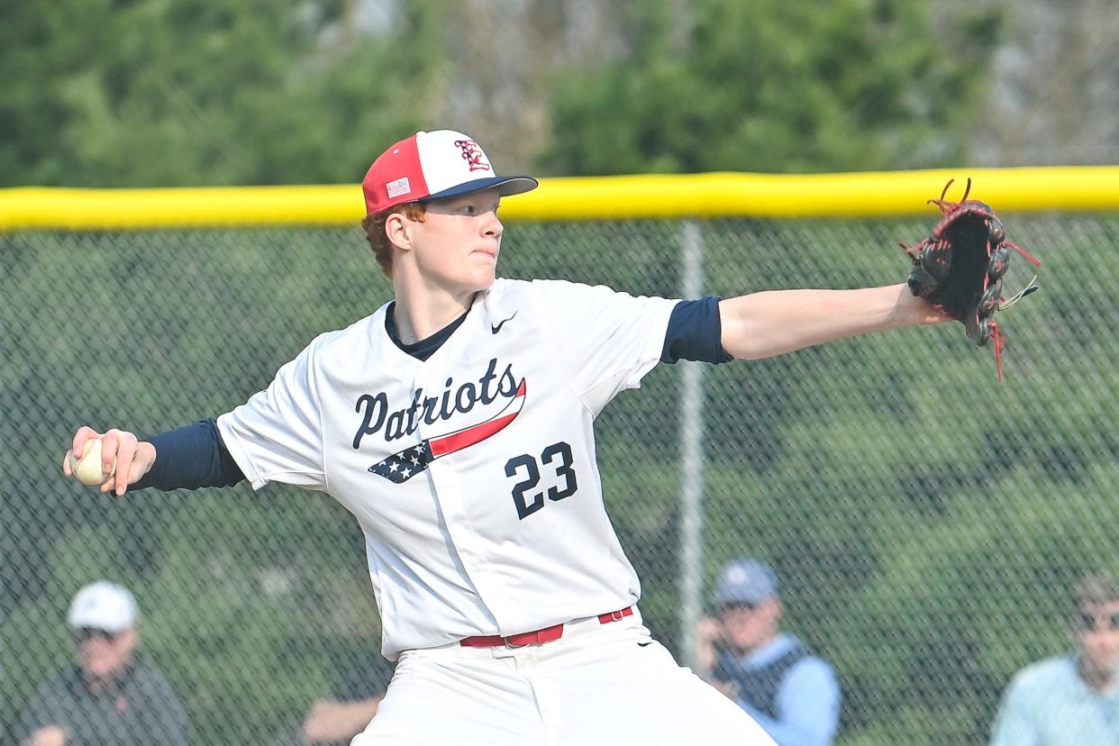Central Bucks East senior Damian Frayne makes his pitch during an April 10 win over Souderton.