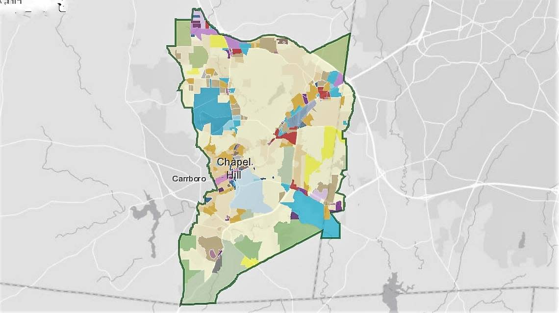 Chapel Hill’s zoning map shows most land is zoned for single-family homes (shown in cream and yellow). UNC and its related entities own another 30% of the town’s land, while more dense commercial and apartment development is built along major traffic corridors.