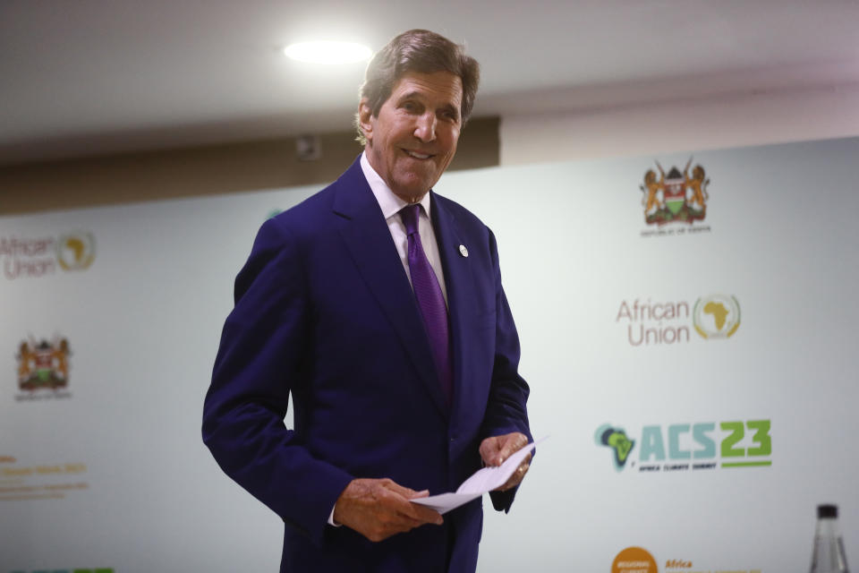 U.S. government’s climate envoy, John Kerry, smiles during a press availability at the Africa Climate Summit in Nairobi, Kenya Tuesday, Sept. 5, 2023. John Kerry acknowledged the "acute, unfair debt." He also said 17 of the world's 20 countries most impacted by climate change are in Africa, while the world's 20 richest nations, including his own, produce 80% of the world's carbon emissions that are driving climate change. (AP Photo/Brian Inganga)