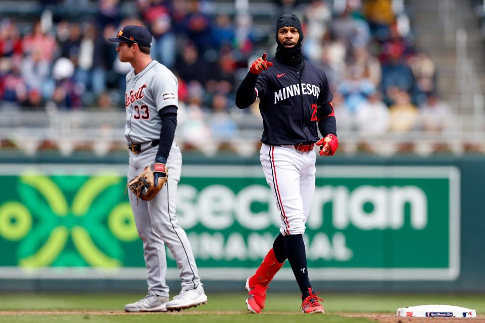 Byron Buxton of the Minnesota Twins celebrates his double against the Detroit Tigers in the second inning at Target Field on Saturday, April 20, 2024, in Minneapolis, Minnesota.