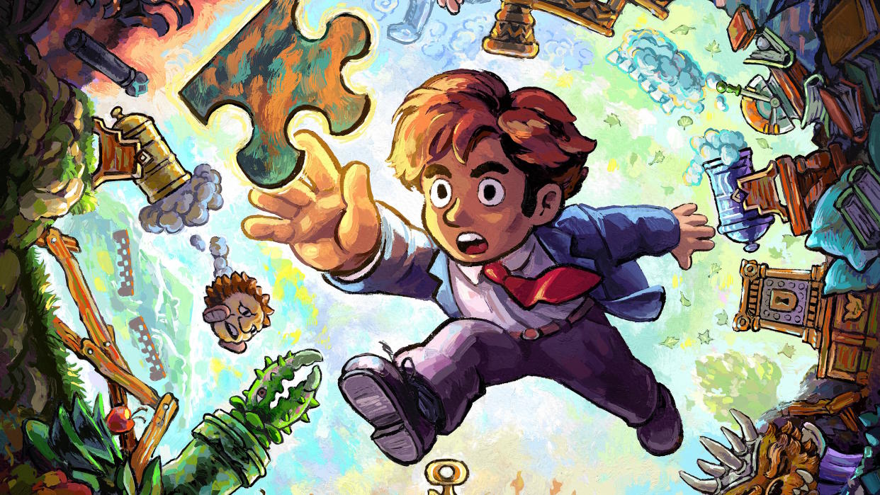  Braid Anniversary Edition key art - the Braid guy jumping to reach for a floating puzzle piece. 