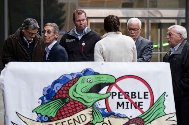 PHOTO: People testifying appear outside the Federal Courthouse in Anchorage, Alaska, Oct. 8, 2019, as a battle over a proposed gold and copper mine at the headwaters of the world's largest sockeye salmon fishery in Alaska continues. (Marc Lester/AP, FILE)