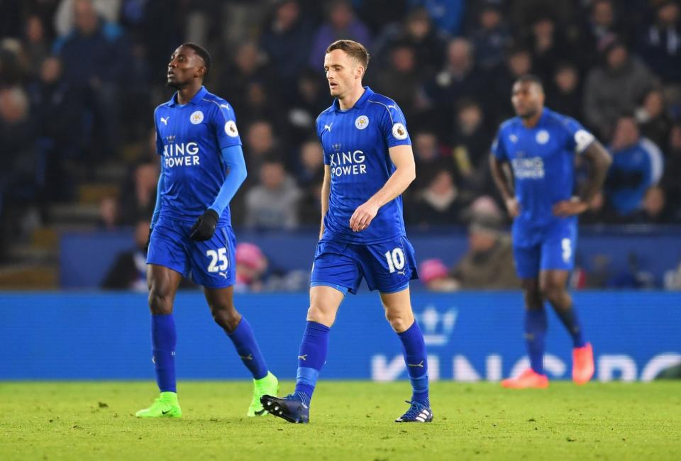 <p>Wilfred Ndidi (25) and Andy King of Leicester City (10) look dejected as Juan Mata of Manchester United scores their third goal during the Premier League match between Leicester City and Manchester United at The King Power Stadium on February 5, 2017 in Leicester, England. </p>