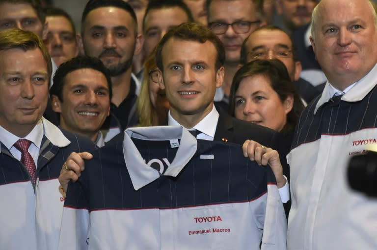 French President Emmanuel Macron visited the Toyota plant in Onnaing, northern France, to mark a new investment at the site that will create 700 jobs