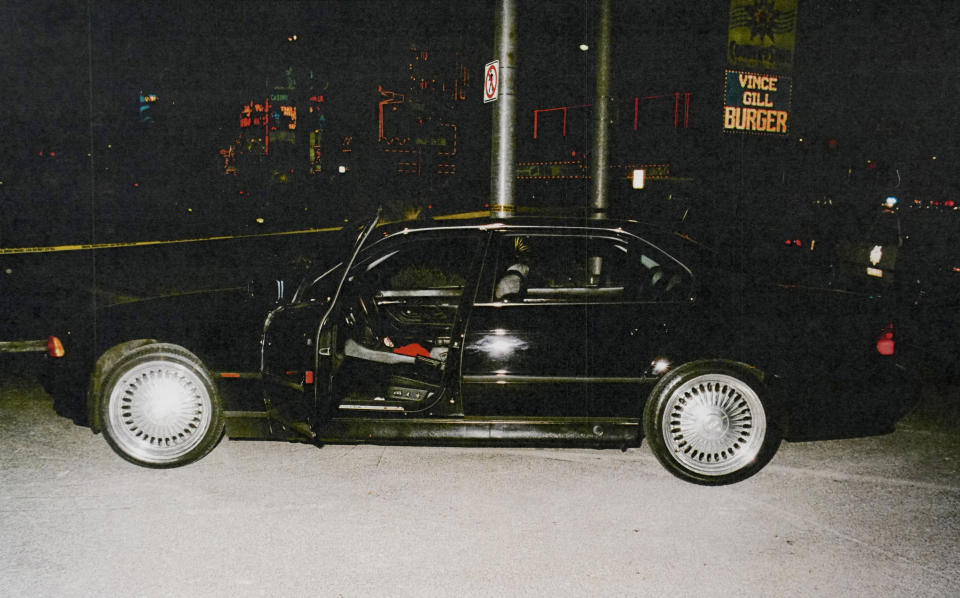 This photo provided by the Las Vegas Metropolitan Police Department shows the bullet-riddled car in which rapper Tupac Shakur was fatally shot in September 1996, in Las Vegas. Duane "Keffe D" Davis, 60, was arrested Sept. 29, 2023, and charged with orchestrating the drive-by shooting of Shakur near the Las Vegas Strip that also wounded rap music mogul Marion “Suge” Knight. (Las Vegas Metropolitan Police Department via AP)