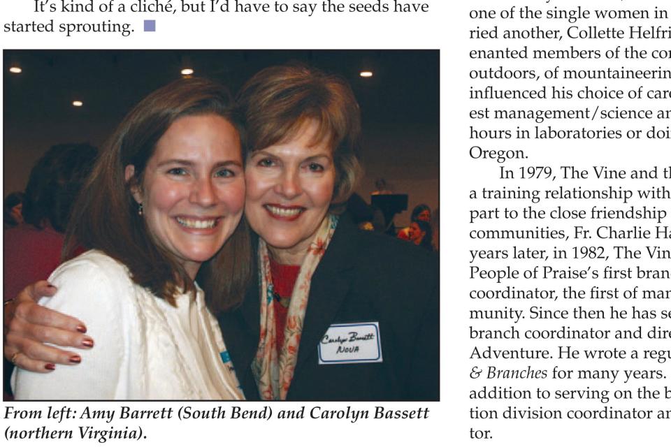 In this page from the May 2006 issue of Vine and Branches produced by People of Praise, Amy Coney Barrett is seen at left in the photo at a People of Praise Leaders' Conference for Women in 2006 - People of Praise 