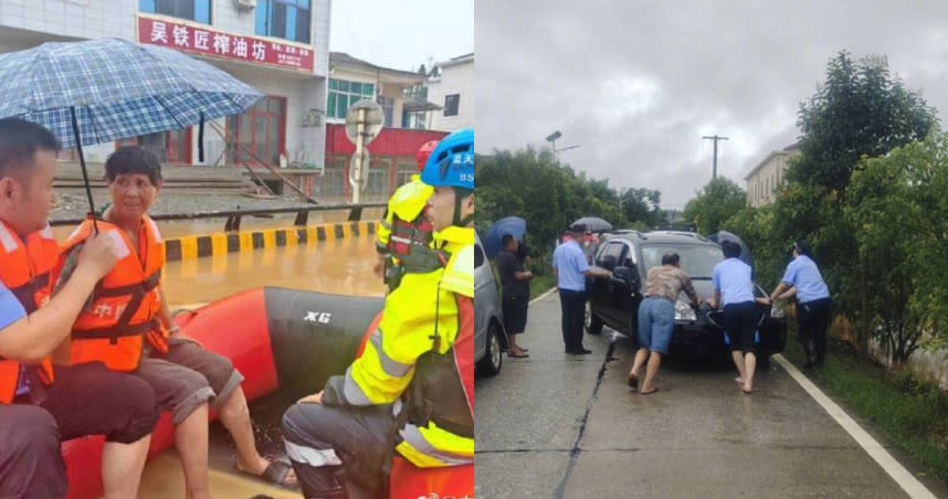 湖南岳陽市雲溪區因暴雨造成路面被淹，警方出動橡皮艇救援。（圖／翻攝自微博／中國警方在線）